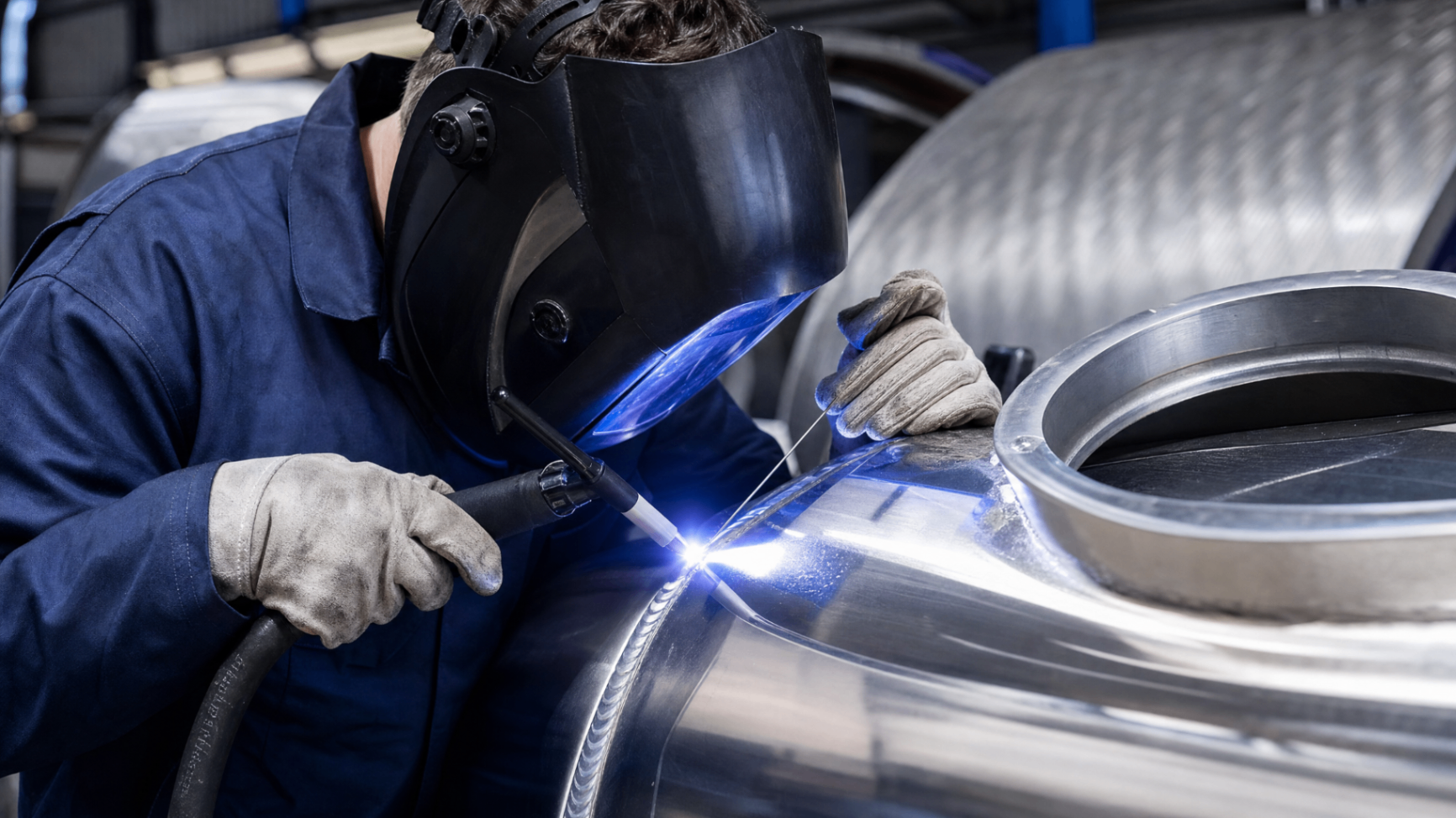 Soudeur réalisant une soudure aluminium de précision sur une pièce métallique