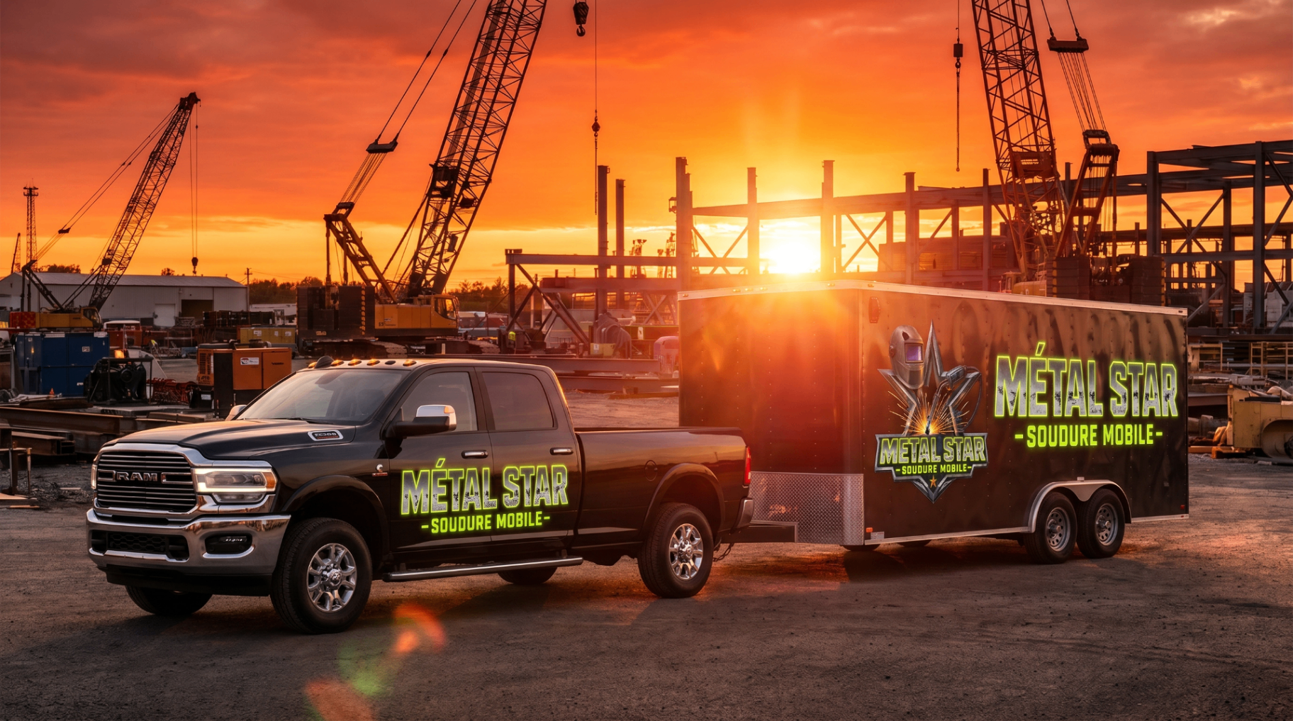 Camion et remorque Métal Star sur un chantier au coucher du soleil
