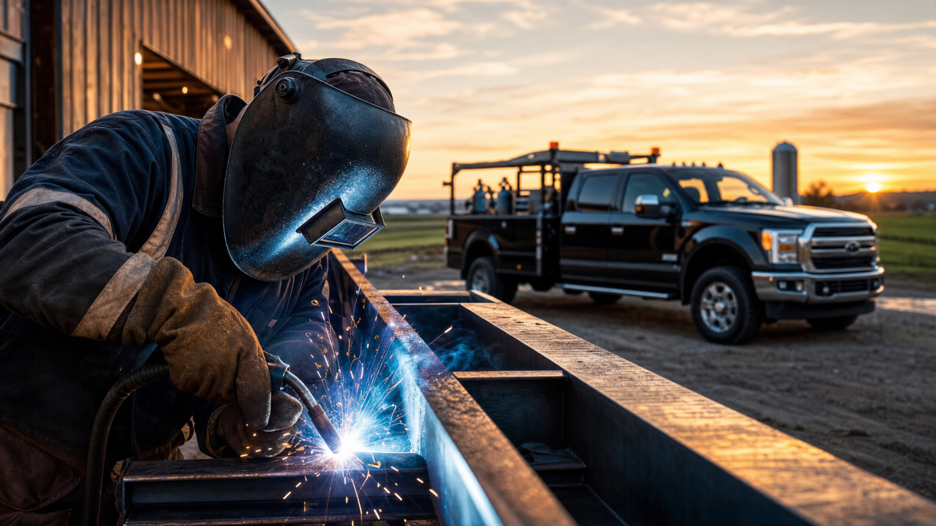 Soudeur travaillant sur une structure métallique avec camion de service à proximité