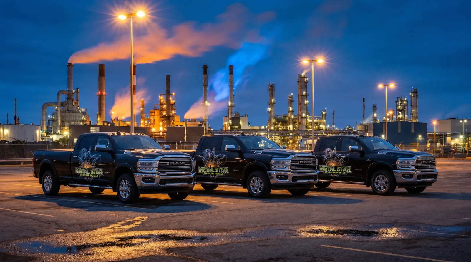 Flotte de camions Métal Star devant un site industriel de nuit