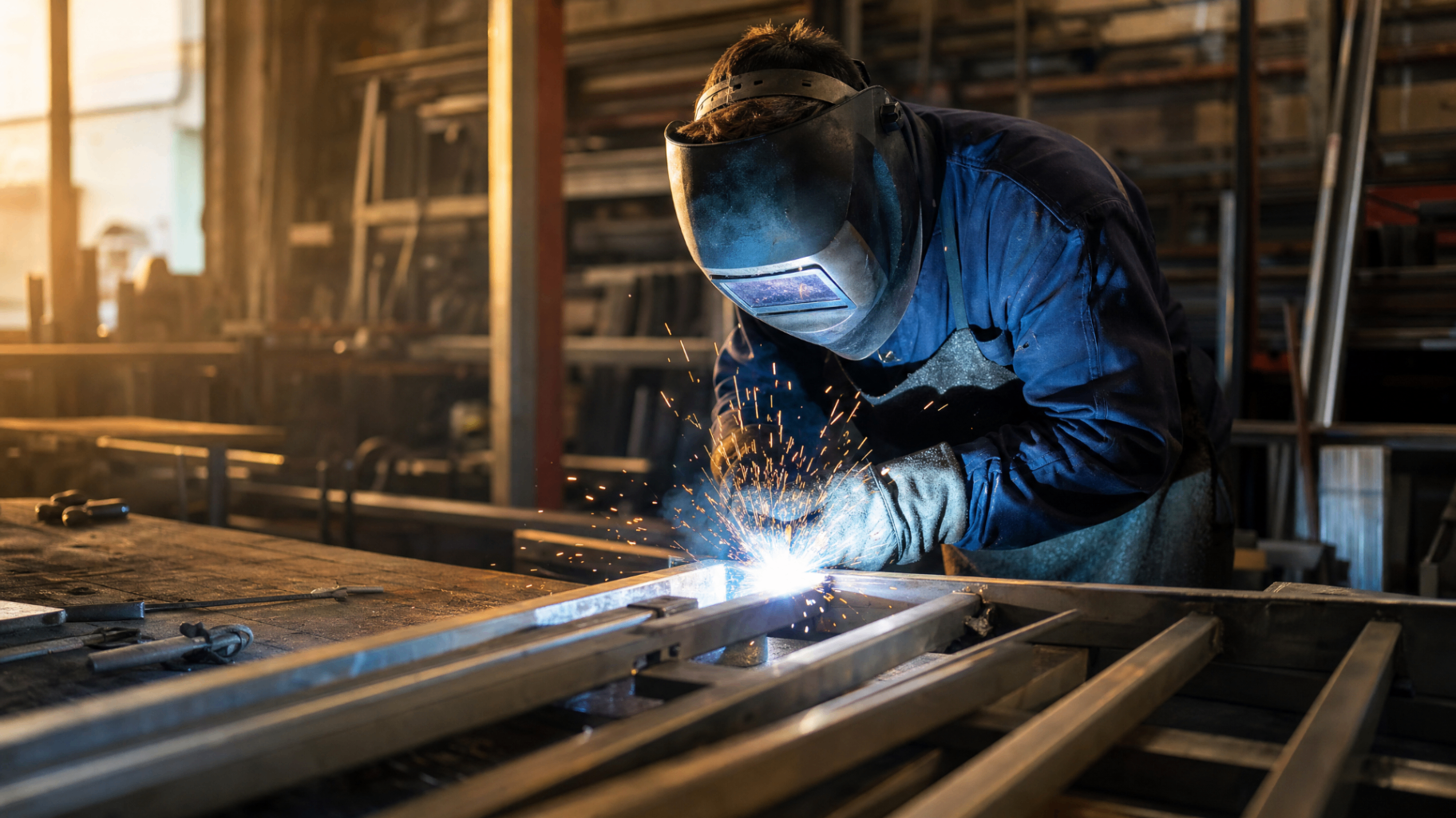 Soudeur fabriquant une structure métallique sur mesure en atelier